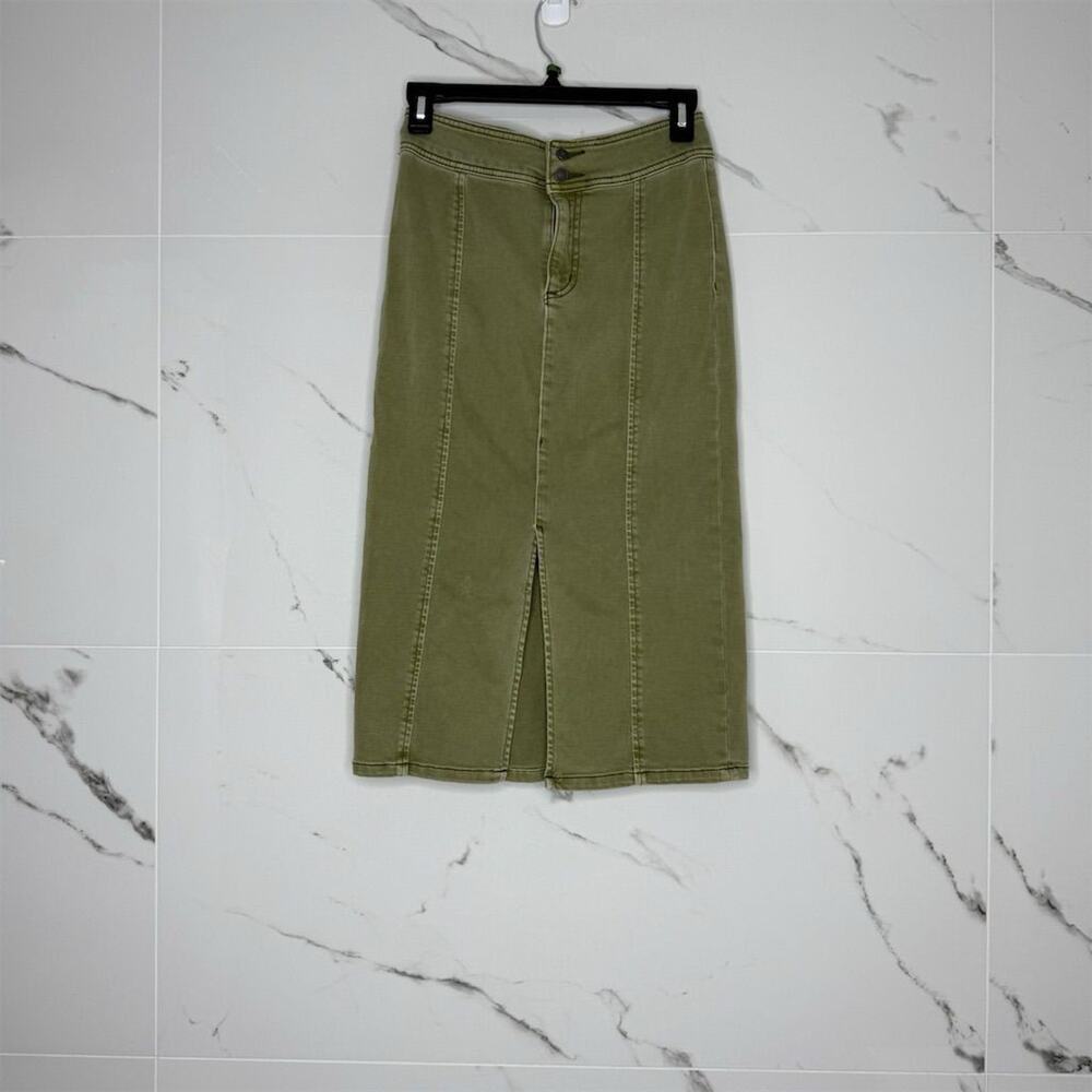 Free People Women's High Waisted Olive Green Midi Denim Skirt Size 26